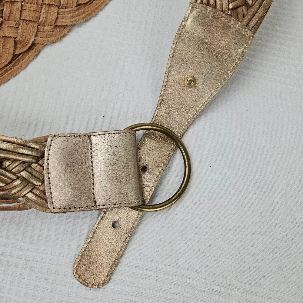 The Limited Gold Leather‎ Sling Belt Sz M Braided Woven Ring Button Closure